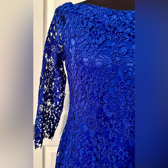Bebe Dress Off Shoulder Crochet Lace 3/4 Sleeve Cobalt Blue Dress Sz 12 - Picture 5 of 7